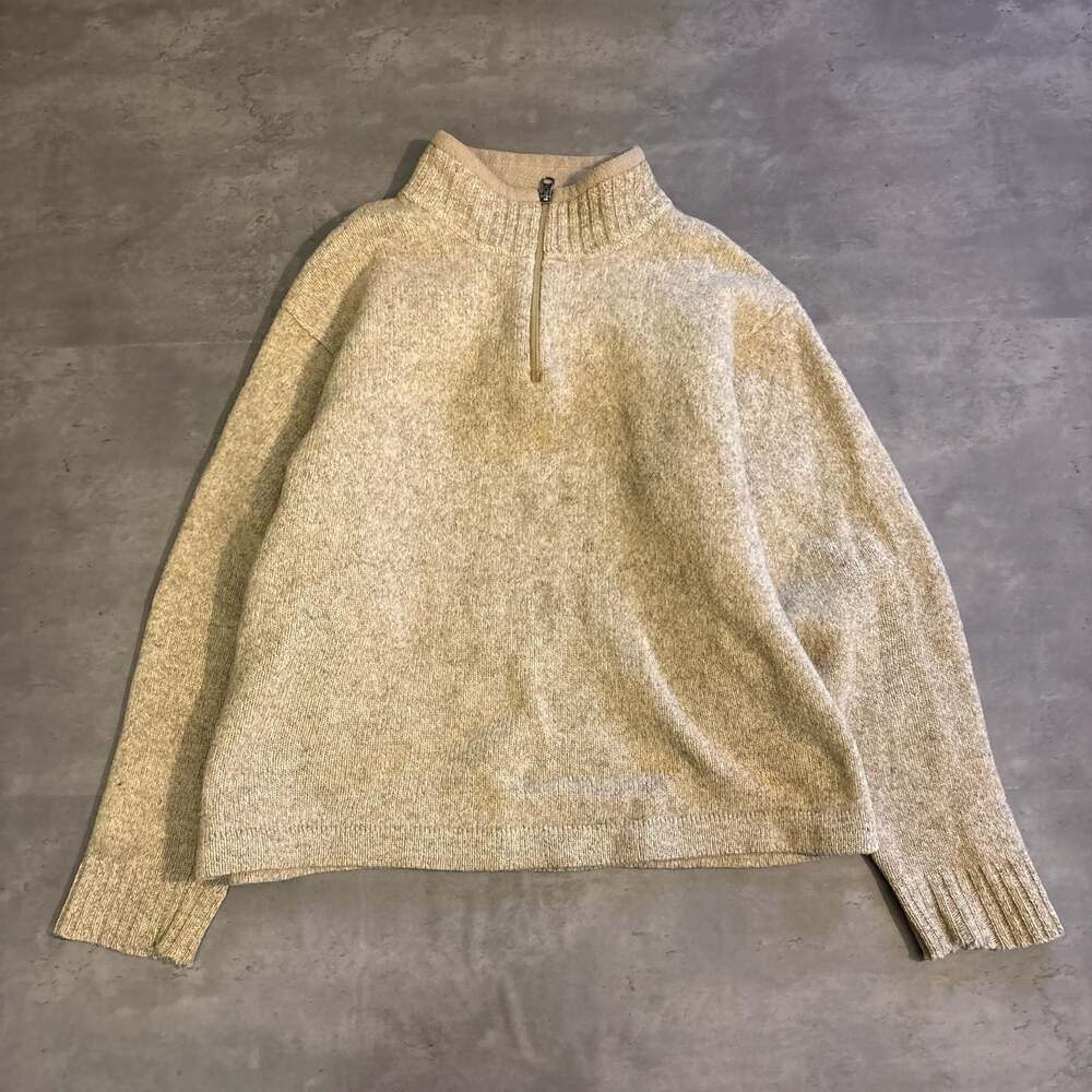 Woolrich Men's Size M Khaki 100% Wool Quarter Zip Sweater with Elbow Patches